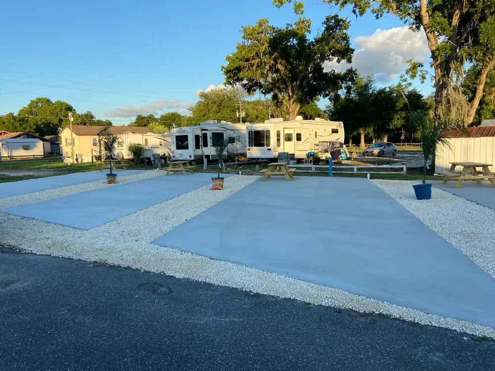 Wide concrete RV pads ready for big rigs at Sunny Shores